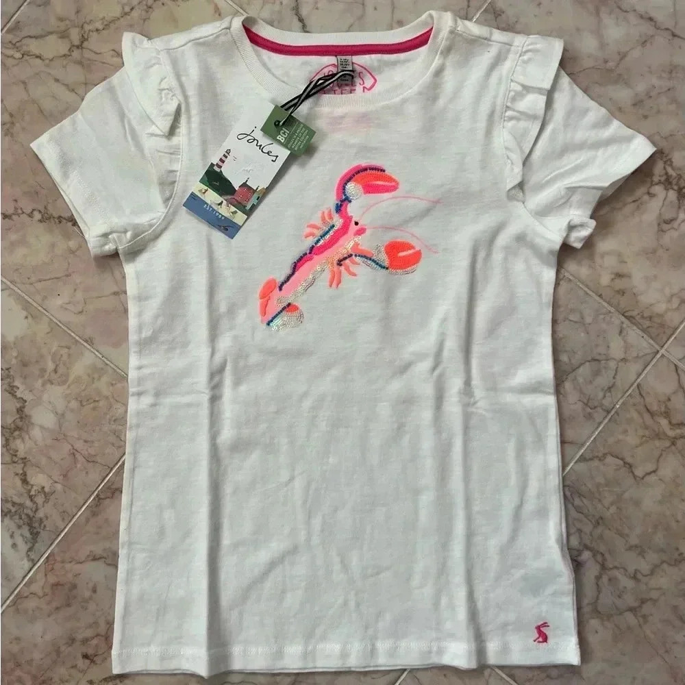 NEW Joules Made for Mischief Summer Fun Lobster Embroidered Girls Shirt